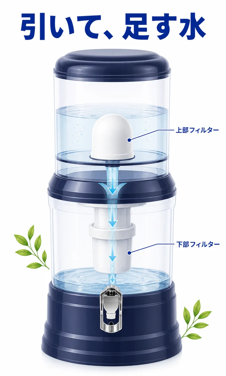 サーバーの断面図。上のタンクの白いドーム型が上部フィルター、下のタンク内が下部フィルター。水が上から下へ流れる