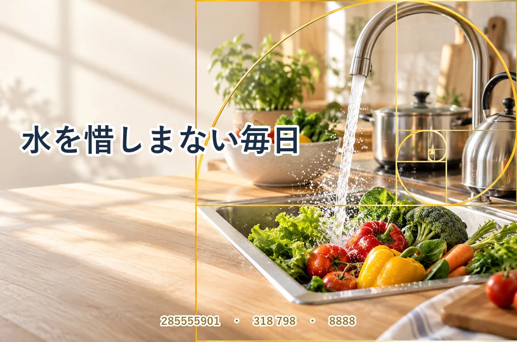 キッチンのシンクで、野菜に水をたっぷりかけている。「水を惜しまない毎日」